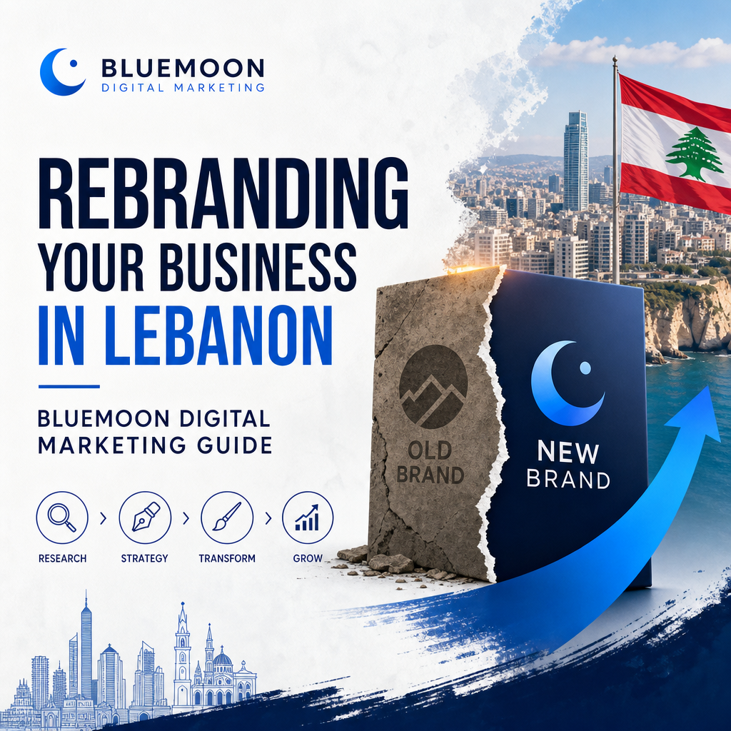 Laptop showing rebranding strategy with Lebanon map and Bluemoon logo, symbolizing digital marketing guidance.