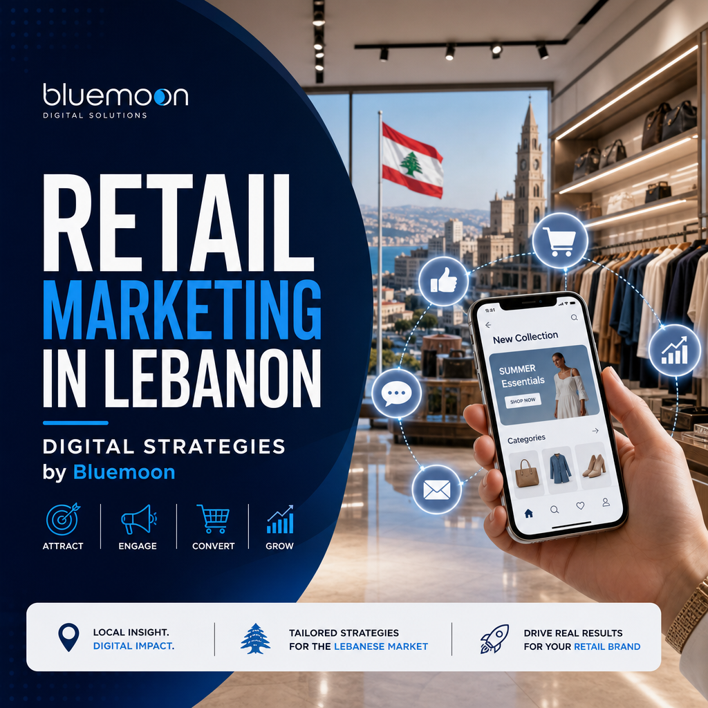 Illustration of digital retail marketing strategies in Lebanon by Bluemoon, showing growth and customer connection icons.