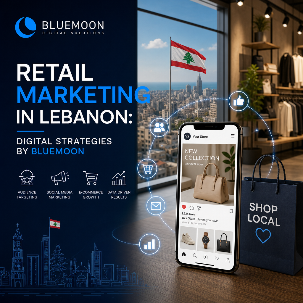 Laptop displaying social media marketing charts and icons with Lebanese flag and shopping bags, representing retail strategie