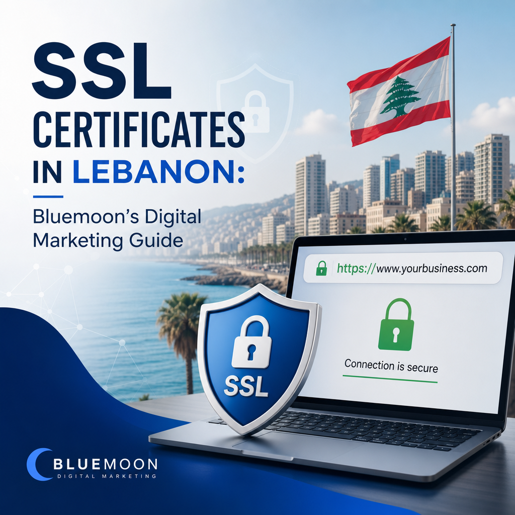 Graphic of a laptop showing a secure SSL certificate with a padlock over a Lebanese flag background.