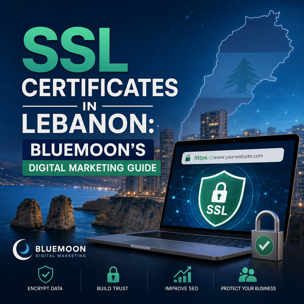 Illustration of a laptop with a padlock symbol and Lebanese flag, representing SSL certificates in Lebanon.