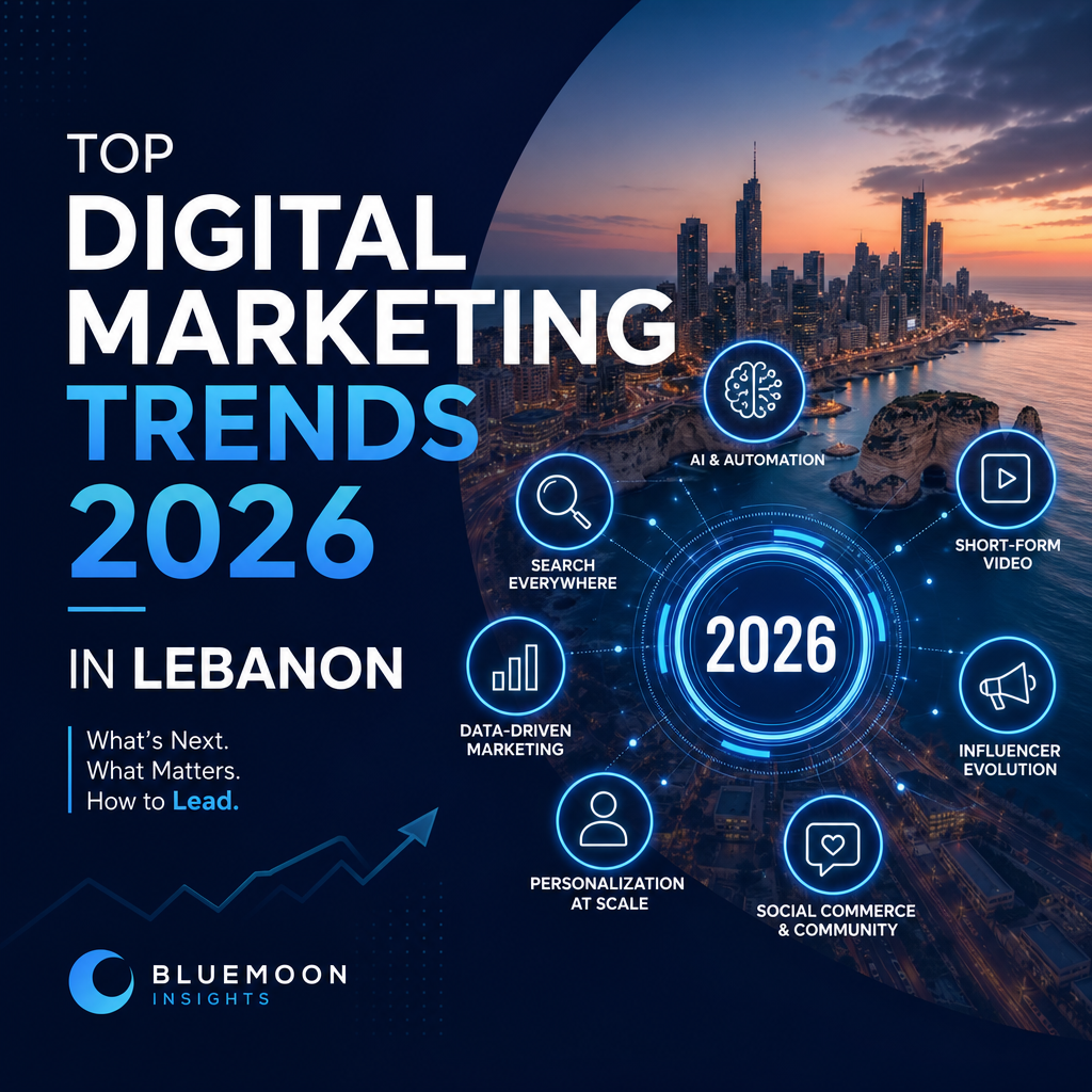 Top Digital Marketing Trends 2026 Lebanon - Bluemoon Infographic showing top digital marketing trends in Lebanon for 2026: AI, automation, social commerce, and immersive AR/VR.