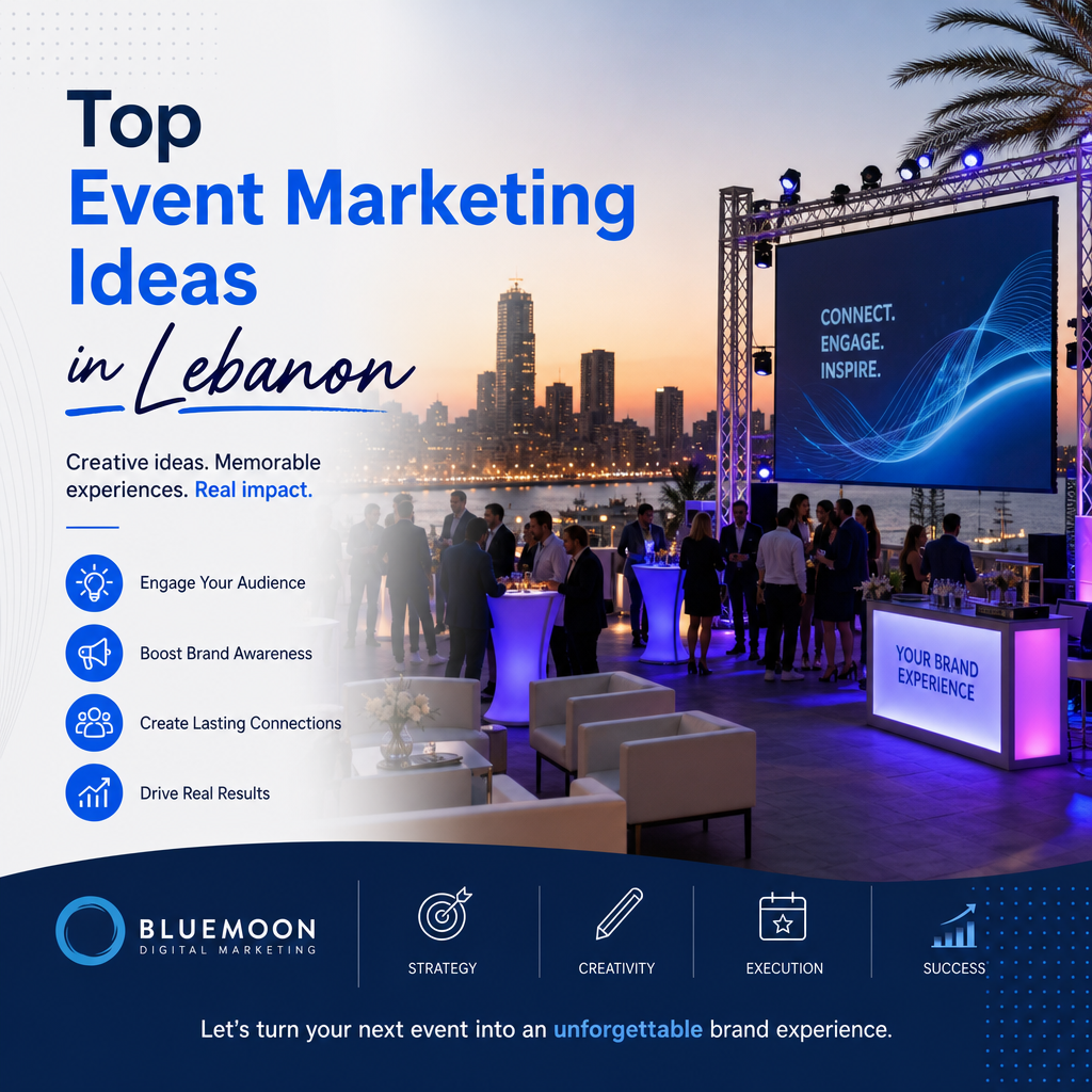 Outdoor evening event setup in Lebanon with branded tents and city skyline, showcasing engaging event marketing ideas.