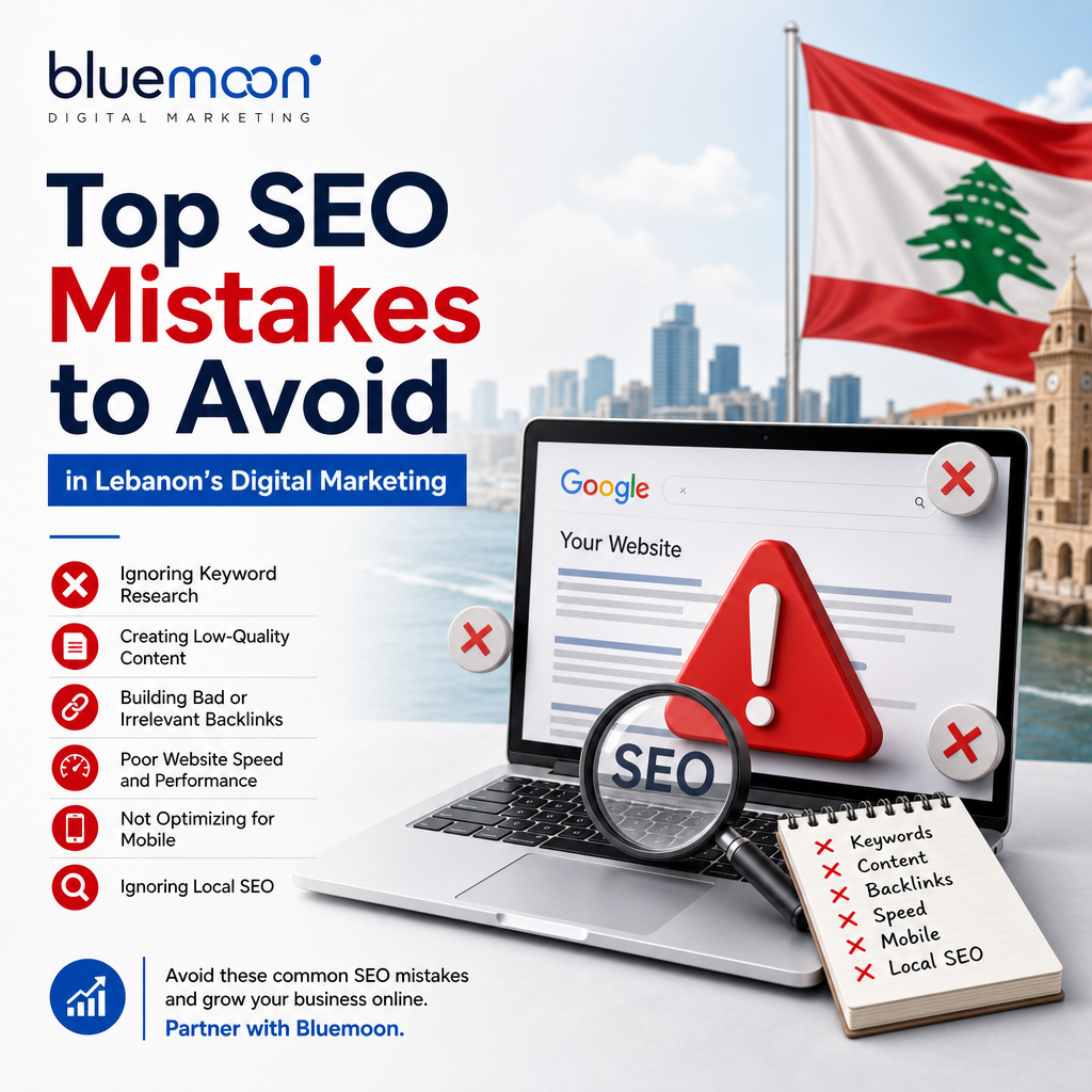 Infographic highlighting top SEO mistakes to avoid in Lebanon’s digital marketing by Bluemoon for better online visibility.