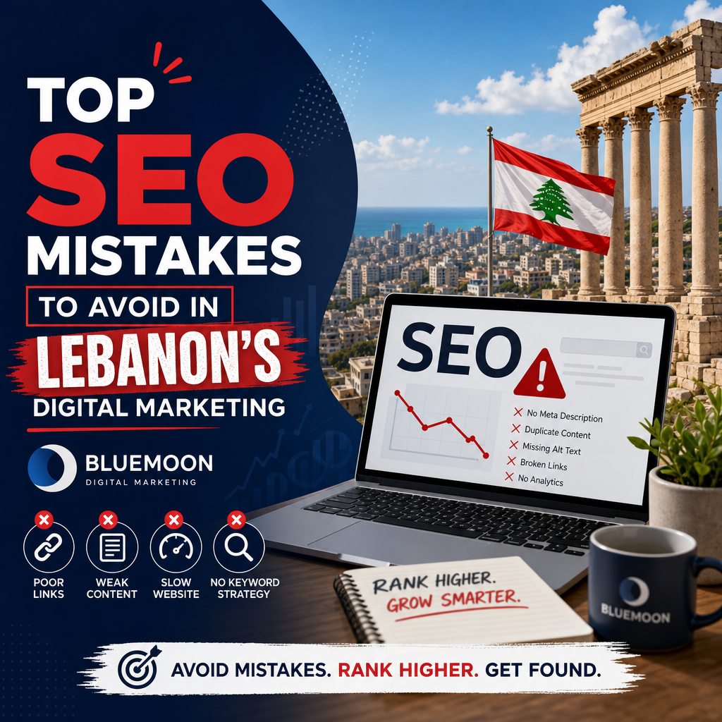 Top SEO Mistakes to Avoid in Lebanon - Bluemoon Infographic highlighting top SEO mistakes to avoid in Lebanon’s digital marketing for improved online rankings.