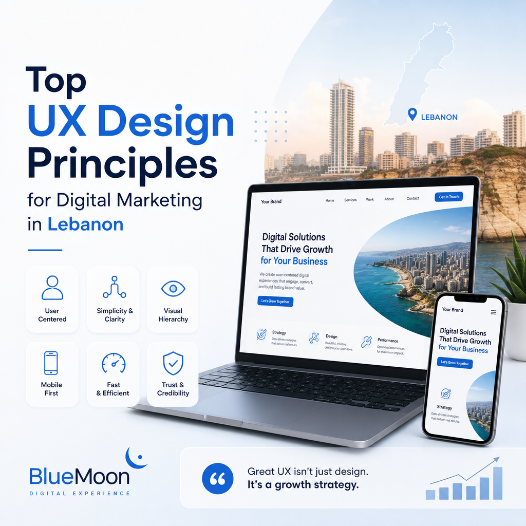 Top UX Design Principles for Digital Marketing - Bluemoon Laptop and mobile displaying UX design principles for effective digital marketing in Lebanon by BlueMoon.