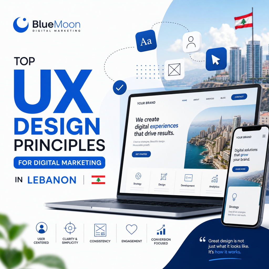 Infographic showing key UX design principles for digital marketing in Lebanon, emphasizing user-centered and conversion-focus