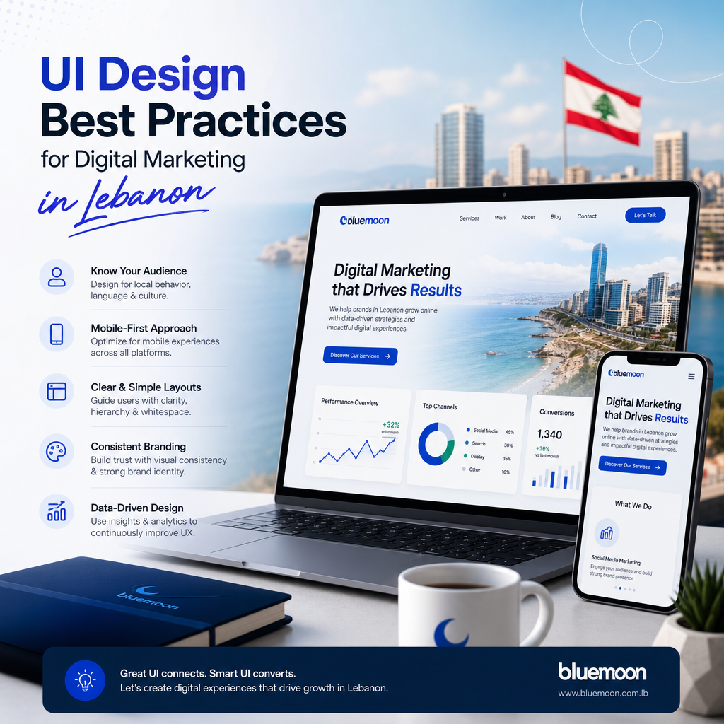 Laptop and smartphone displaying UI design best practices for digital marketing in Lebanon by Bluemoon.