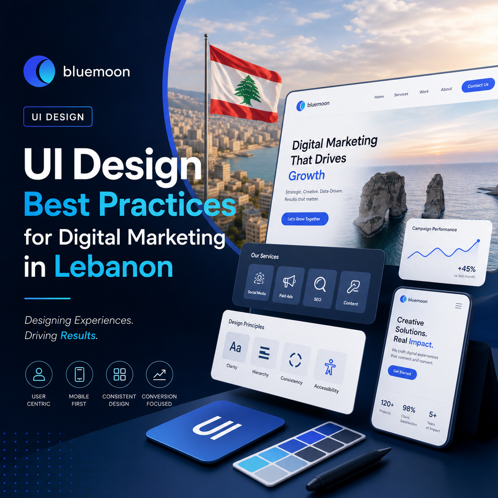 Laptop displaying a clean, modern UI design dashboard with charts, icons, and navigation for digital marketing.