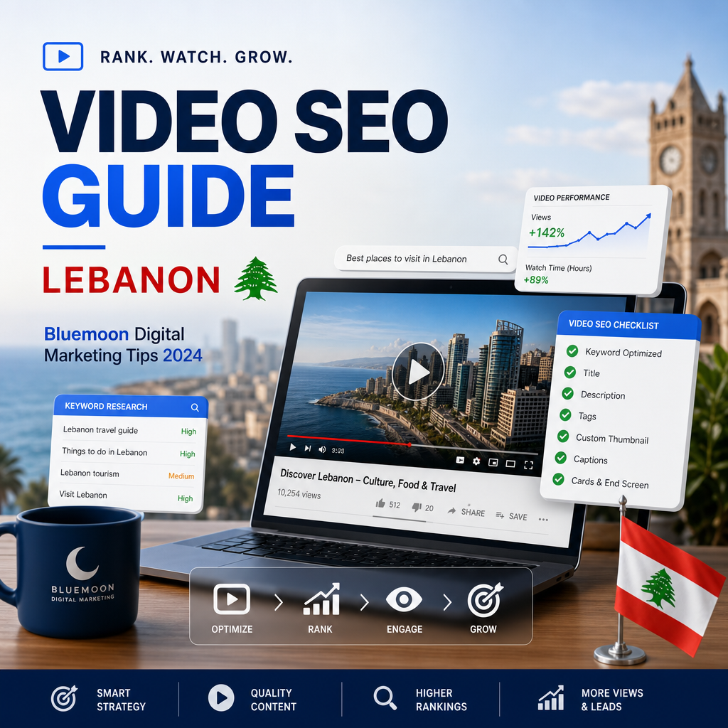 Screenshot of a Video SEO guide for Lebanon by Bluemoon with digital marketing tips and keyword research strategies.