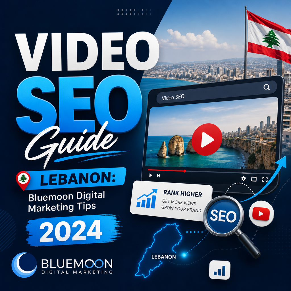 Video SEO guide for Lebanon 2024 by Bluemoon showing digital marketing tips to boost video reach and engagement.
