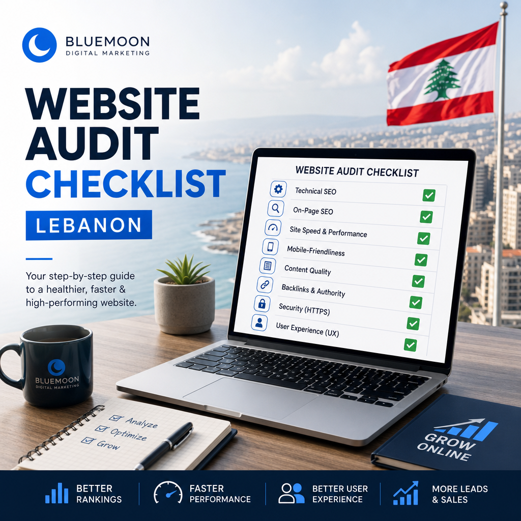 Checklist titled "Website Audit Checklist Lebanon" by Bluemoon Digital Marketing showing key website audit steps and tips.