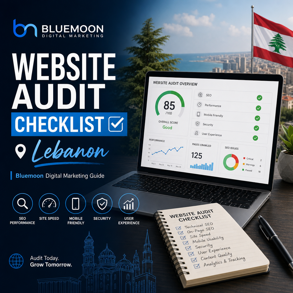 Website audit checklist infographic by Bluemoon Digital Marketing for Lebanon enhancing SEO and site performance.