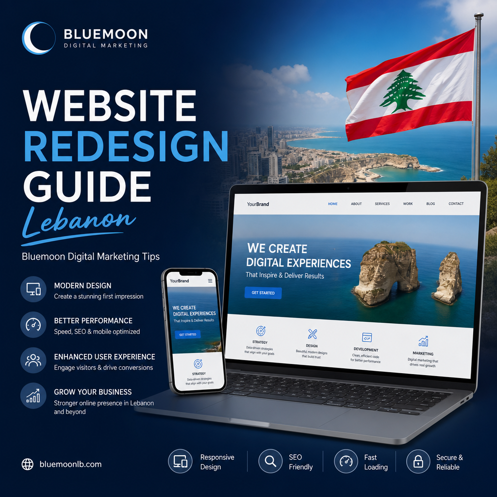 Screenshot of a website redesign guide for Lebanon by Bluemoon with digital marketing tips and modern design elements.