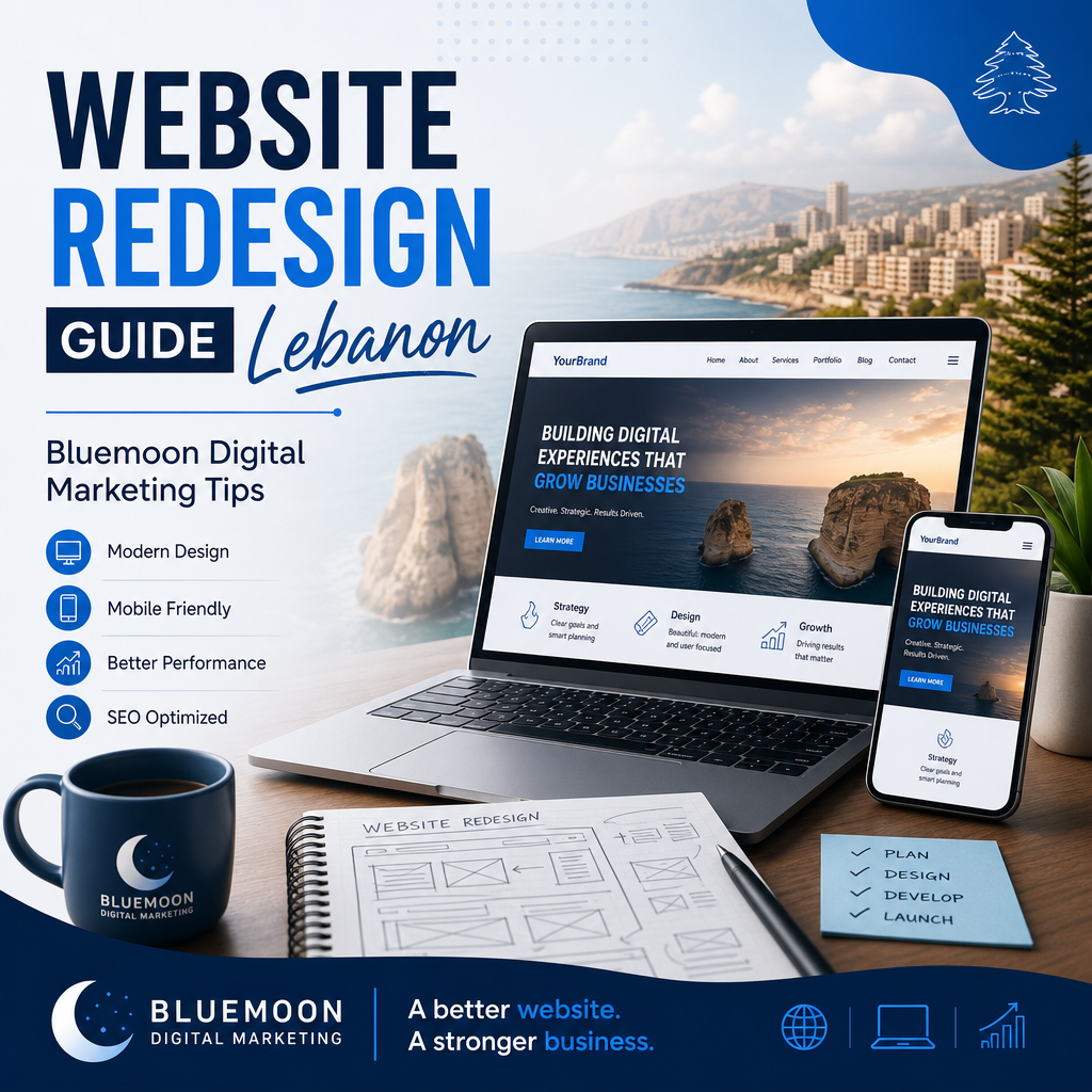 Website redesign guide for Lebanon by Bluemoon, showing digital marketing tips and mobile-friendly SEO optimization.