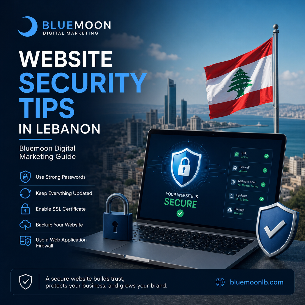 Illustration of a laptop with a shield and padlock symbol, representing website security tips in Lebanon by Bluemoon Digital