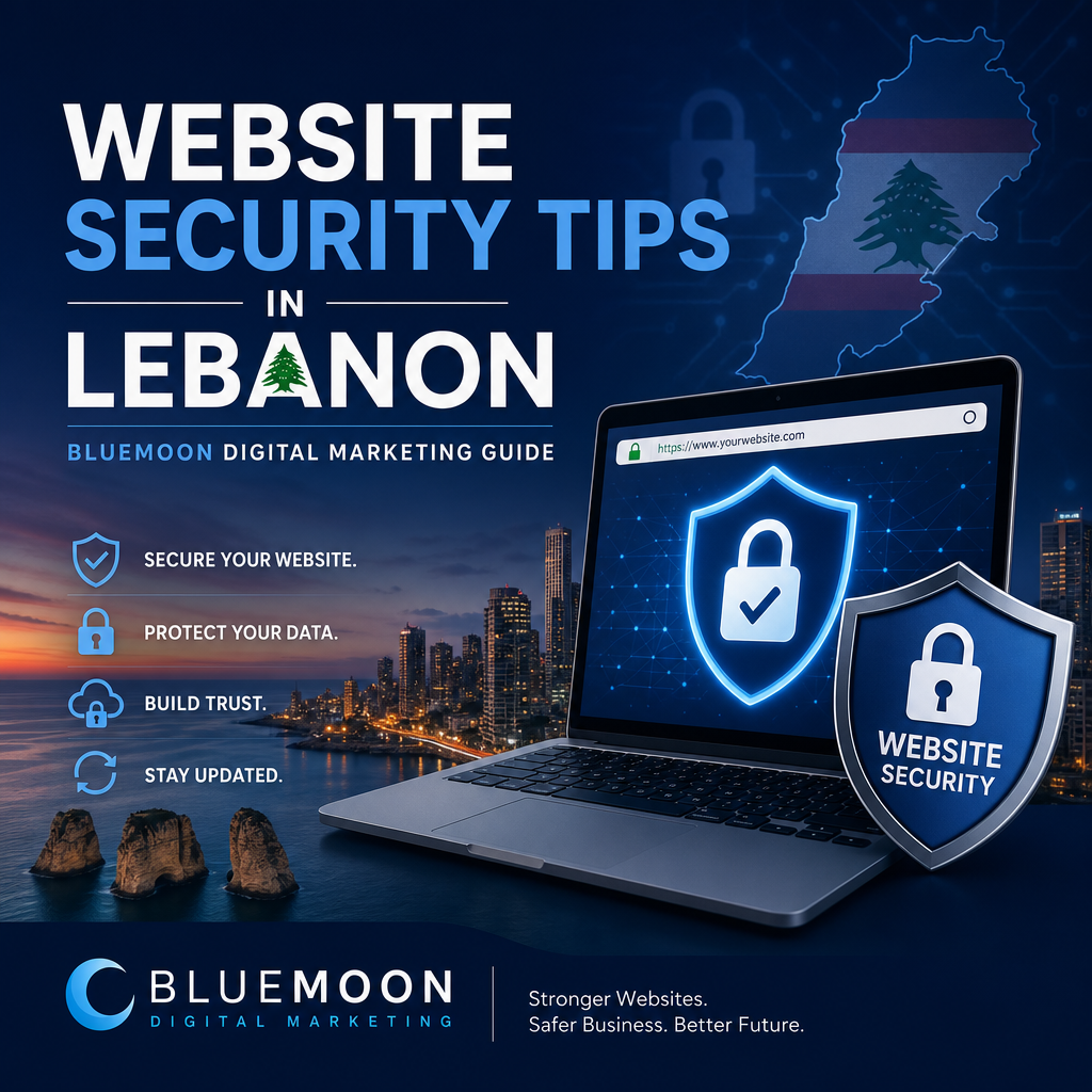 Cover image for Website Security Tips in Lebanon by Bluemoon Digital Marketing showing a secure website concept with a lock a