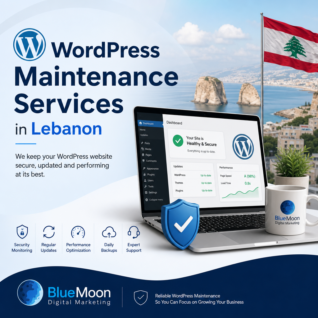 BlueMoon Digital Marketing offers expert WordPress maintenance services in Lebanon for security, updates, and performance opt