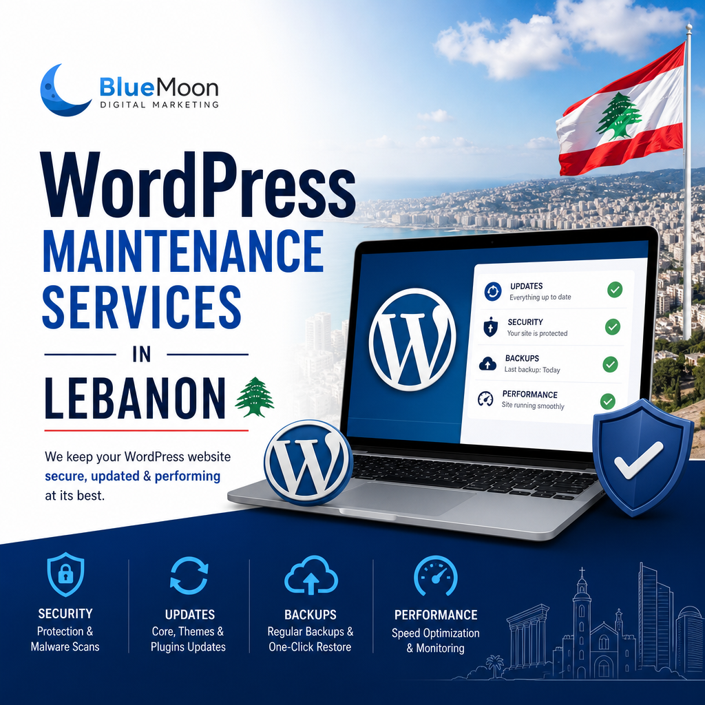 BlueMoon Digital Marketing WordPress maintenance services in Lebanon offering security, updates, backups, and performance opt
