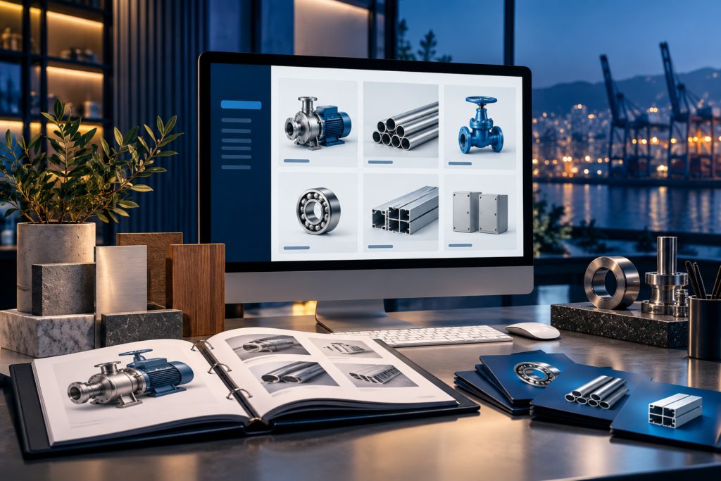 Desktop computer shows a grid of six industrial part thumbnails (pump, pipes, valve, bearings, extruded metal, panels) in a design studio at dusk.