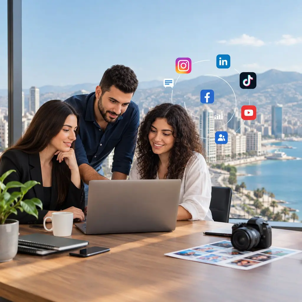 Three colleagues collaborate around a laptop at a sunny office with a city view, colorful social icons hovering above to indicate digital marketing.