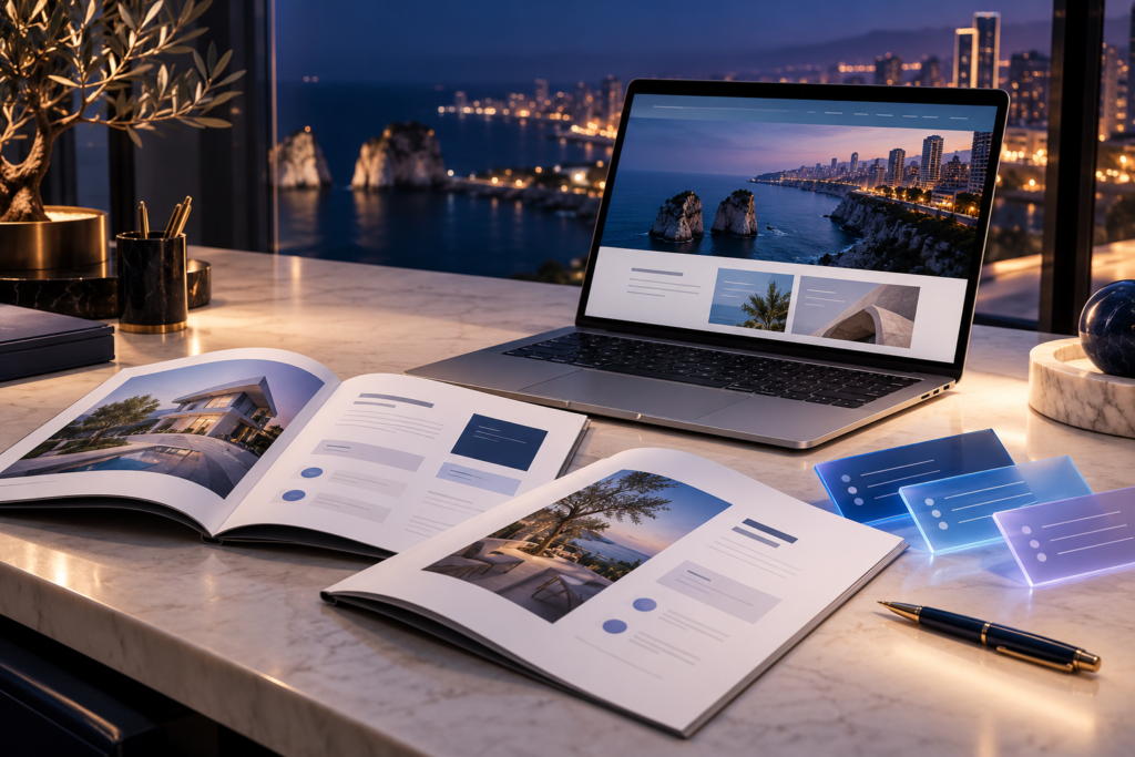 Laptop on a marble desk displaying a coastal city webpage, with open design magazines and glowing blue info cards nearby at dusk.