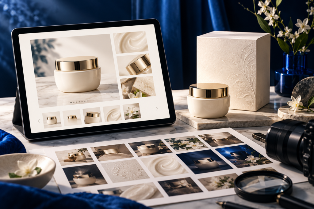 Tablet displaying a beauty product gallery with a cream jar and gold lid on a marble surface beside a matching box.