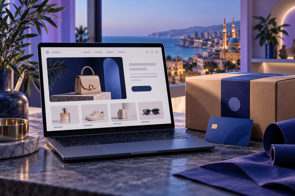 Laptop displaying an online store with a beige handbag centerpiece and product thumbnails on a marble desk, overlooking a coastal city view.