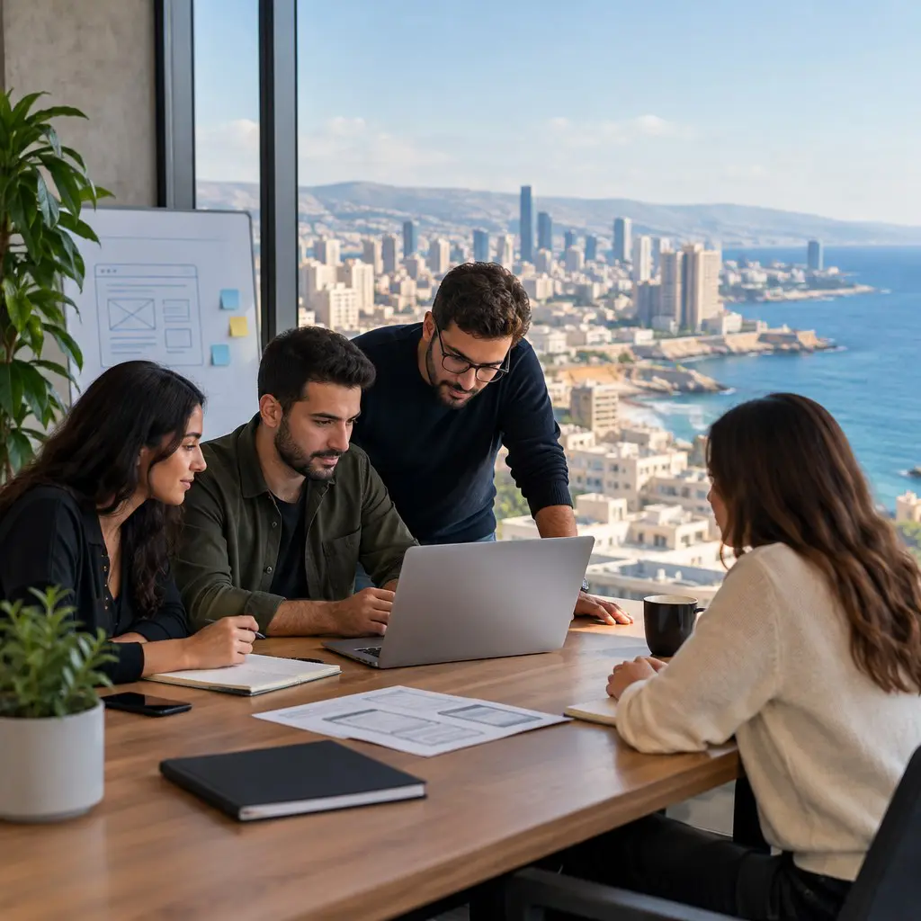 Four colleagues collaborate around a laptop on a wooden table with a cityscape view through large windows.
