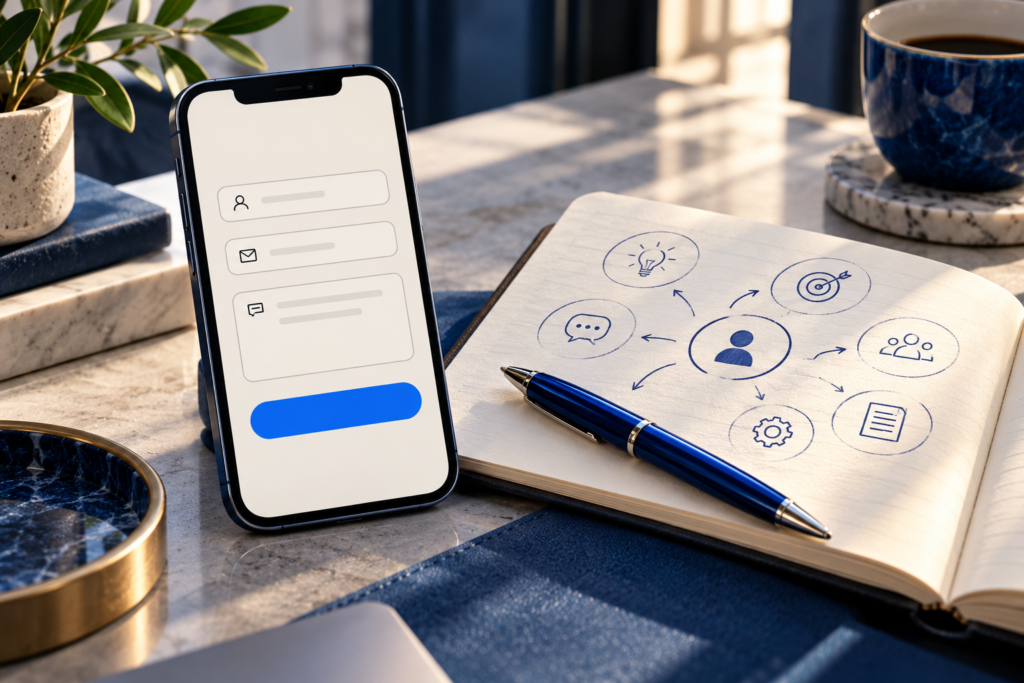 Phone shows a login form with input fields and a blue submit button, beside a notebook with a central user icon and arrows linking related ideas drawn around it.